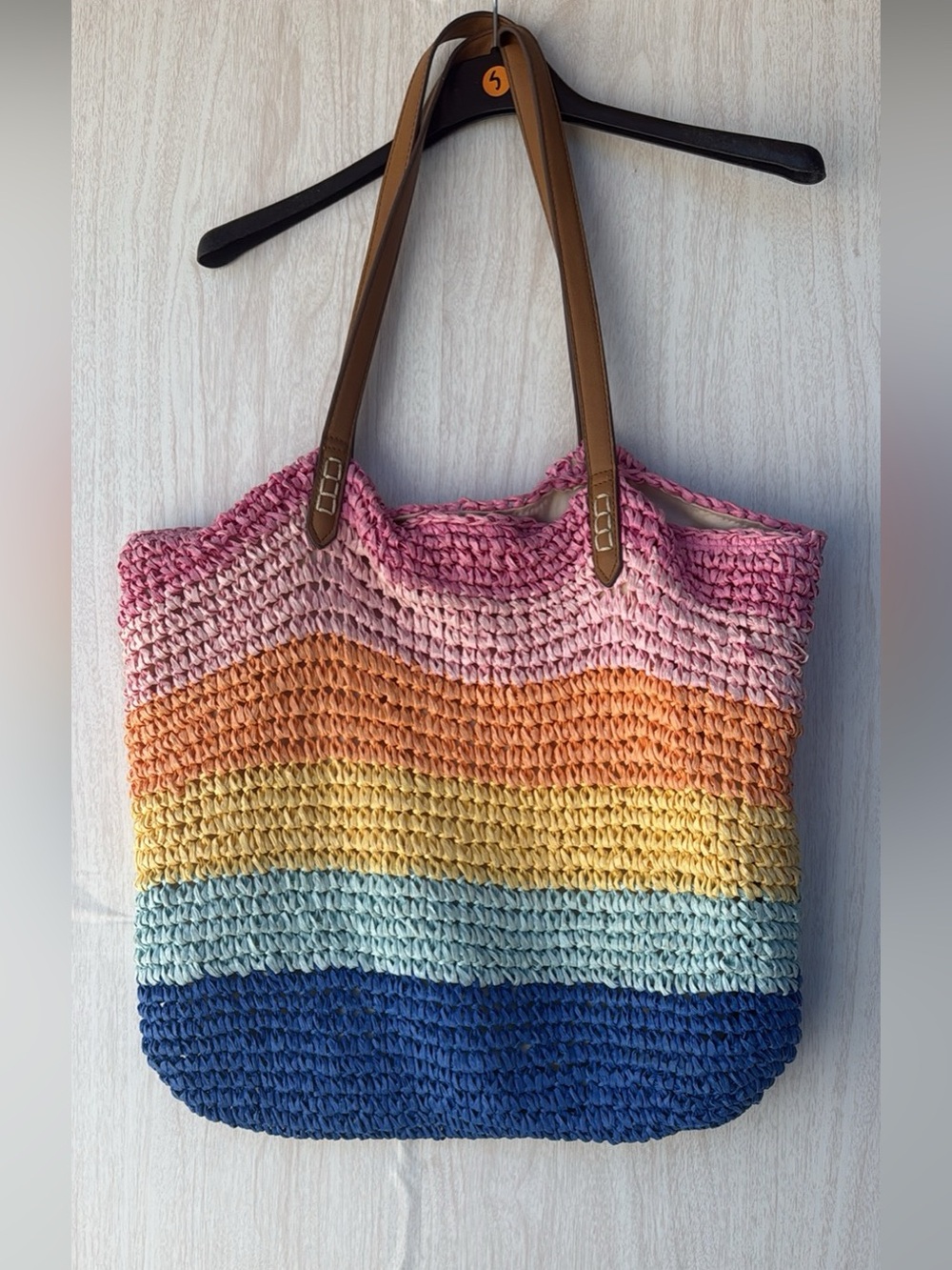 Colorblock Crochet Tote Bag in Pink, Orange, Yellow, Light Blue & Blue